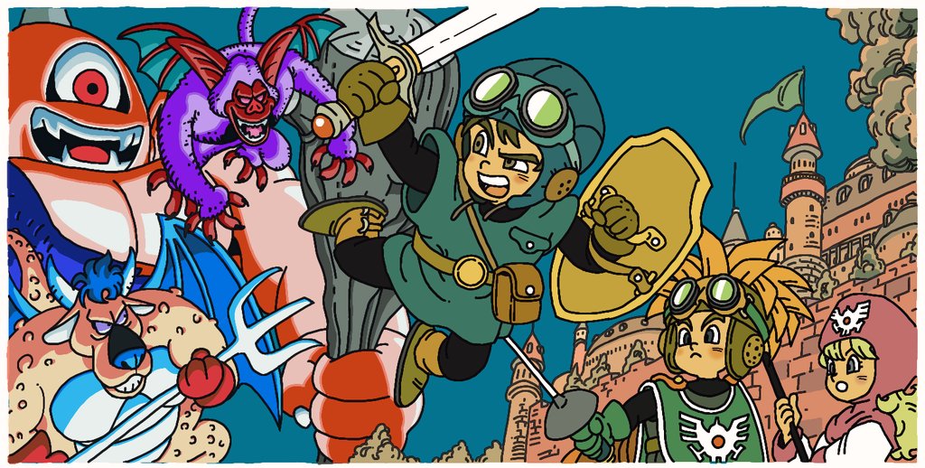 1girl, 5boys, aqua_tunic, archdemon_(dragon_quest), atlas_(dragon_quest), bat_wings, bazuzu, belial_(dragon_quest)