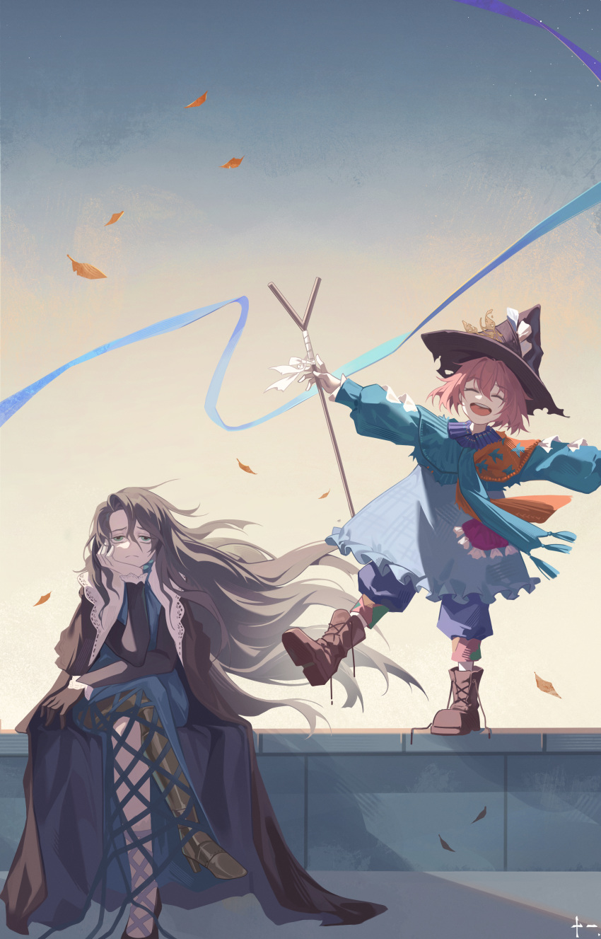 2girls, ^_^, absurdres, ankle_boots, artist_name, autumn_leaves, balancing, black_cape, black_gloves, black_hair, black_hat, black_sleeves, blue_dress, blue_eyes, blue_pants, blue_ribbon, blue_scarf, blue_sky, boots, bored, brown_footwear, brown_hair, cape, closed_eyes, closed_mouth, cross-laced_footwear, crossed_legs, dress, falling_leaves, floating_hair, flutterpage, frown, full_body, furrowed_brow, gloves, gradient_sky, half-closed_eyes, hand_on_own_cheek, hand_on_own_face, hat, head_rest, headwear_switch, highres, holding_rod, lace-up_boots, leaf, long_dress, long_hair, long_sleeves, looking_at_viewer, multiple_girls, open_mouth, outstretched_arms, pants, pants_under_dress, prosthesis, prosthetic_leg, relws, reverse:1999, ribbon, scarf, short_hair, side_slit, single_glove, sitting, sky, spread_arms, standing, standing_on_one_leg, straight-on, teeth, upper_teeth_only, willow_(reverse:1999), witch_hat, yellow_sky