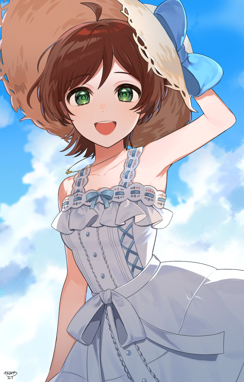 1girl, absurdres, ahoge, arm_behind_head, armpits, blue_ribbon, blue_sky, breasts