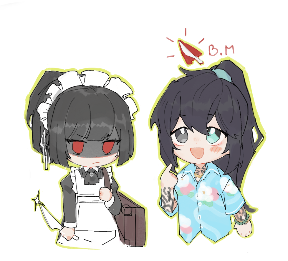 1boy, 1girl, :d, angry, apron, aqua_eyes, arm_tattoo, black_eyes, black_hair, blue_shirt, blunt_bangs, blush, bracelet, collared_shirt, empty_eyes, hawaiian_shirt, heterochromia, hong_lu_(project_moon), jewelry, juliet_sleeves, knife, limbus_company, long_hair, long_sleeves, maid, munh422, pointing, pointing_up, ponytail, project_moon, puffy_sleeves, red_eyes, ryoshu_(project_moon), shaded_face, shirt, short_hair, short_sleeves, simple_background, smile, straight_hair, tattoo, tingtang_gang_(identity)_(project_moon), upper_body, white_apron, white_background, wuthering_heights_(identity)_(project_moon)