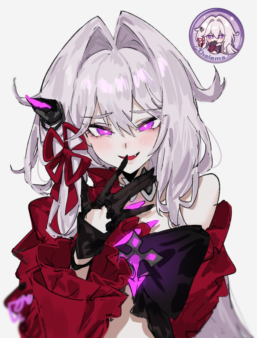 1girl, aogisa, black_gloves, blush, bright_pupils, fang, gloves, hair_intakes, hand_to_own_mouth, highres, honkai_(series), honkai_impact_3rd, jacket, long_hair, long_sleeves, midriff, red_jacket, reference_inset, side_horn, simple_background, single_bare_shoulder, smile, solo, stifled_laugh, thelema_nutriscu, upper_body, violet_eyes, white_background, white_hair, white_pupils