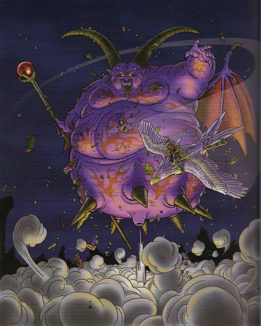 1other, 2boys, bandana, bat_wings, black_nails, brown_hair, colored_sclera, colored_skin, creature_request, dragon_quest, dragon_quest_viii, facial_hair, fingernails, giant, hero_(dq8), highres, holding, holding_staff, holding_sword, holding_weapon, horns, looking_at_another, looking_down, mage_staff, male_focus, multiple_boys, official_art, open_mouth, orange_bandana, plump, pointy_ears, purple_skin, purple_sky, rhapthorne, rubble, scan, sharp_fingernails, sky, smoke, spikes, staff, sword, third-party_source, toriyama_akira, weapon, wings, yellow_sclera