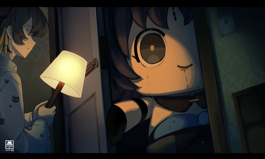 1girl, animal_print, black_hair, blood, blood_on_face, cat_print, character_doll, chibi