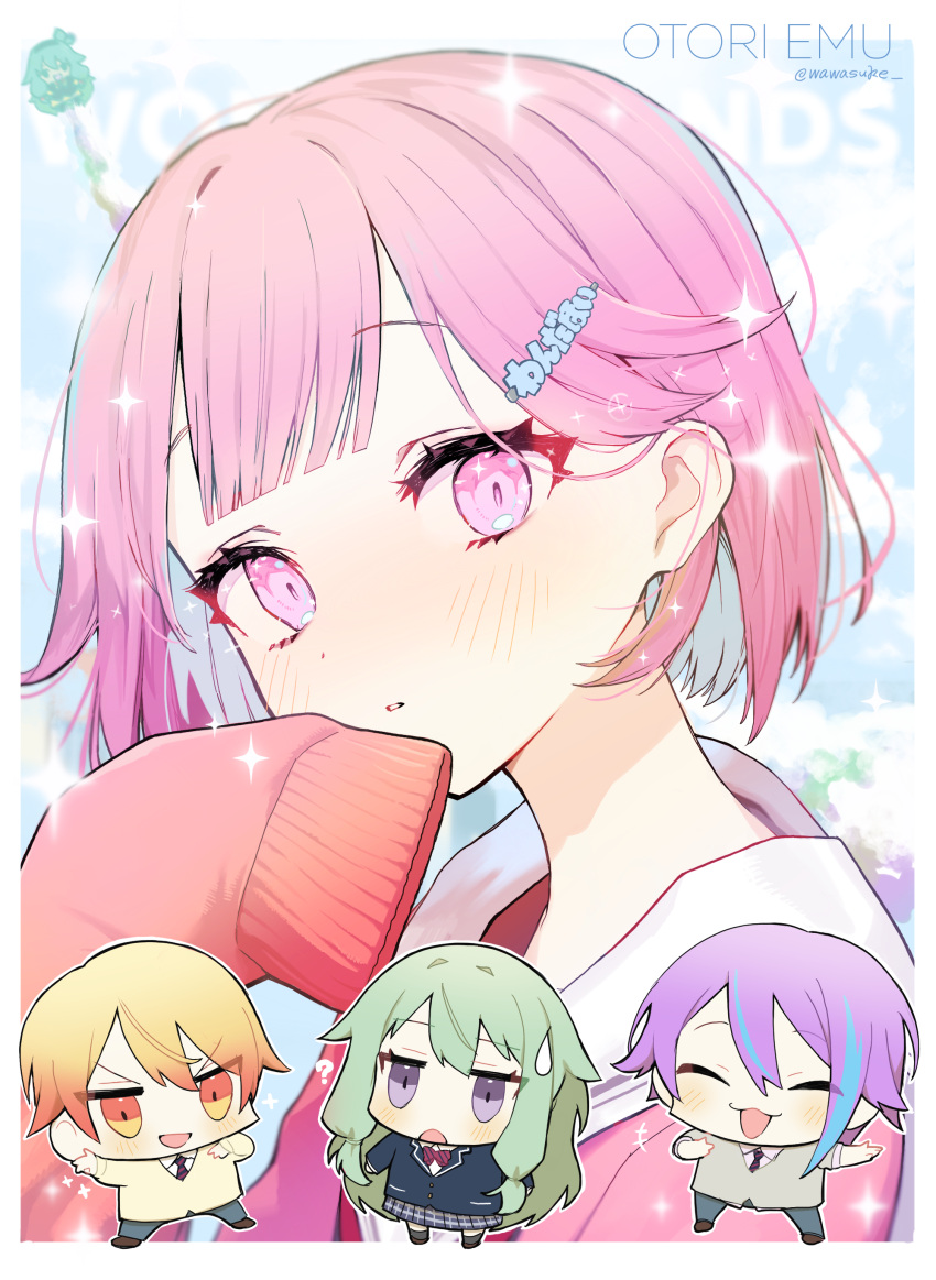 2boys, 2girls, absurdres, blonde_hair, blue_hair, blush, cardigan, commentary_request