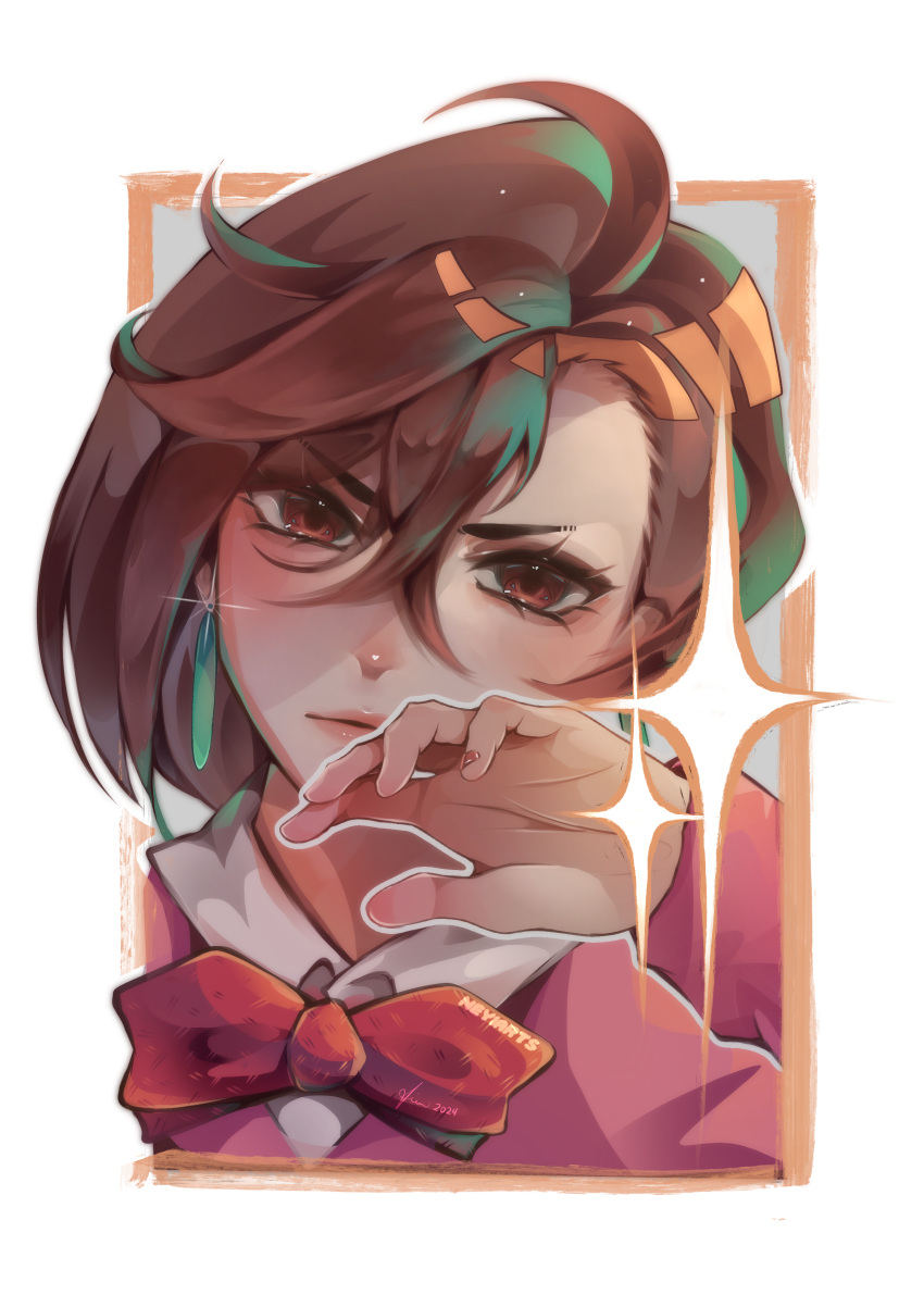 1girl, absurdres, artist_name, ayase_momo, bob_cut, border, bow, bowtie