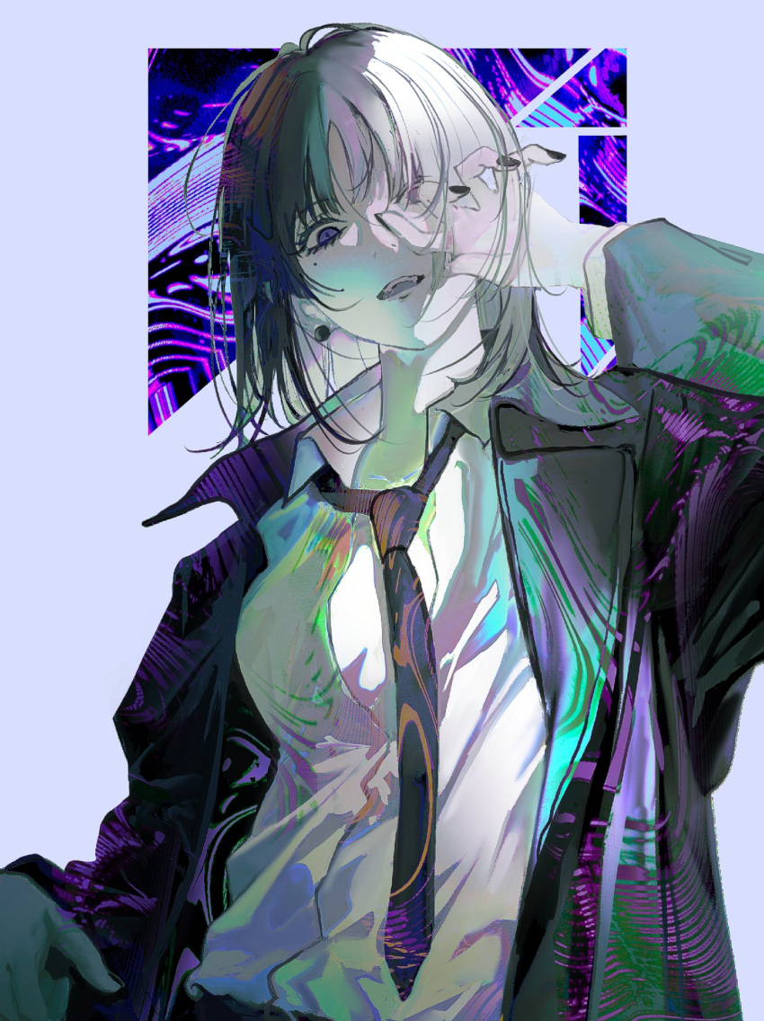 1girl, black_jacket, black_nails, black_necktie, collared_shirt, commentary_request, dress_shirt, grey_hair, hand_up, highres, jacket, john_kafka, long_sleeves, looking_at_viewer, medium_hair, mole, mole_under_eye, nail_polish, necktie, open_clothes, open_jacket, original, shirt, solo, upper_body, violet_eyes, white_shirt