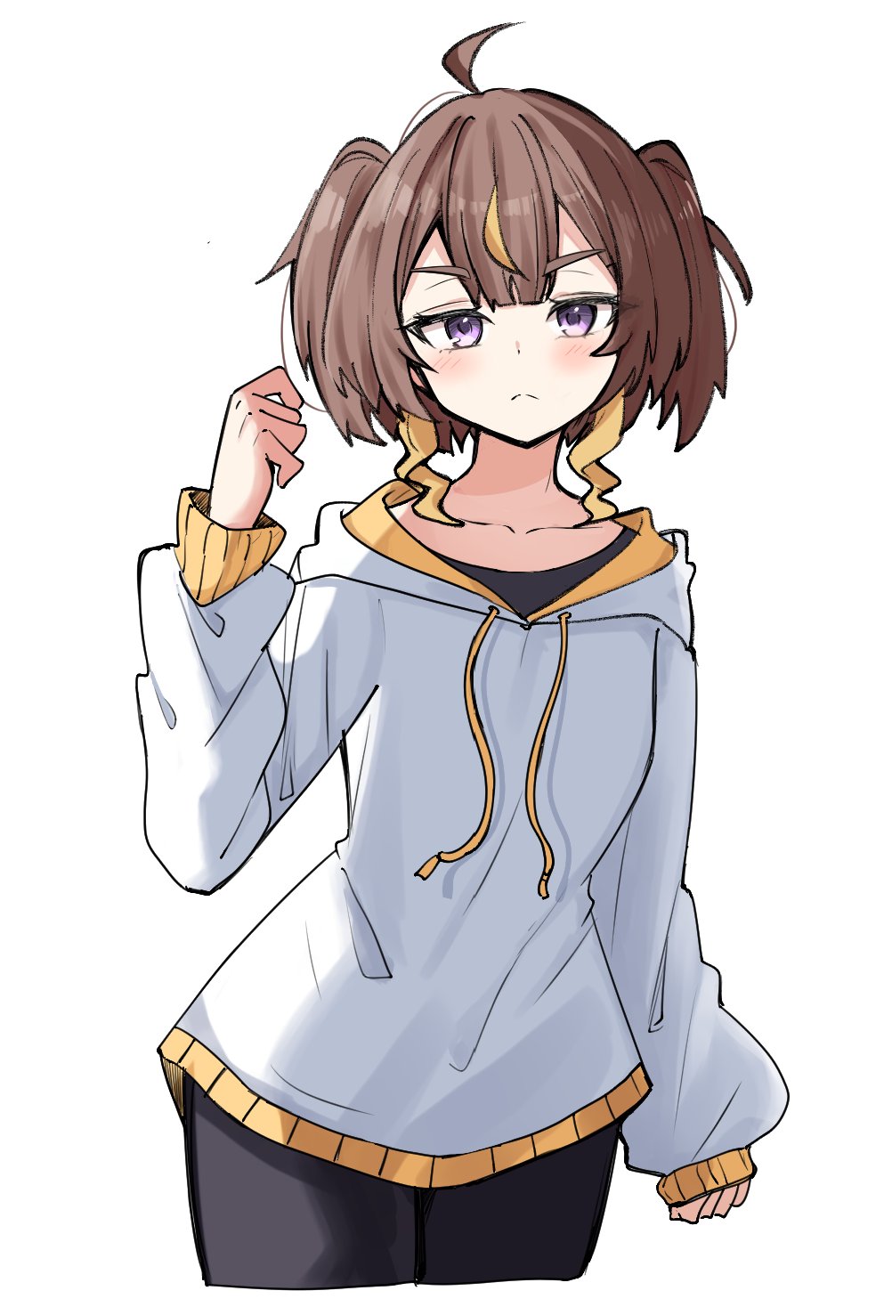 1girl, ahoge, alternate_costume, anya_melfissa, artkimori, black_pants, black_shirt, blonde_hair