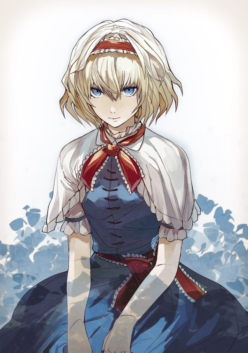 1girl, alice_margatroid, bare_arms, blonde_hair, blue_dress, blue_eyes, blue_flower, bow
