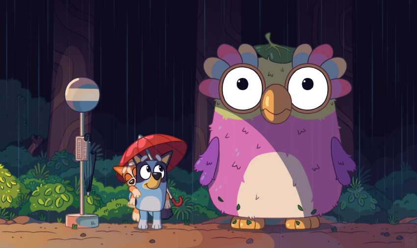 1other, 2girls, bingo_heeler, bluey, bluey_heeler, bus_stop, bus_stop_sign, carrying, chattermax_(bluey), donutdrawsthings, forest, furry, highres, multiple_girls, nature, piggyback, rain, standing, studio_ghibli, tonari_no_totoro, totoro