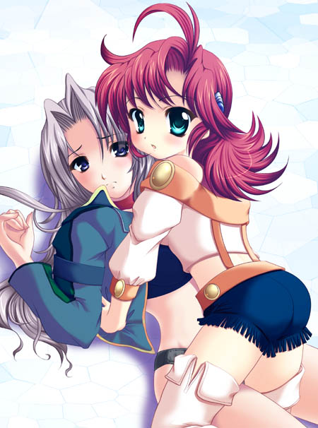 boots, calvina_coulange, festenia_muse, green_eyes, long_hair, matsunami_rumi, no_pants, red_hair