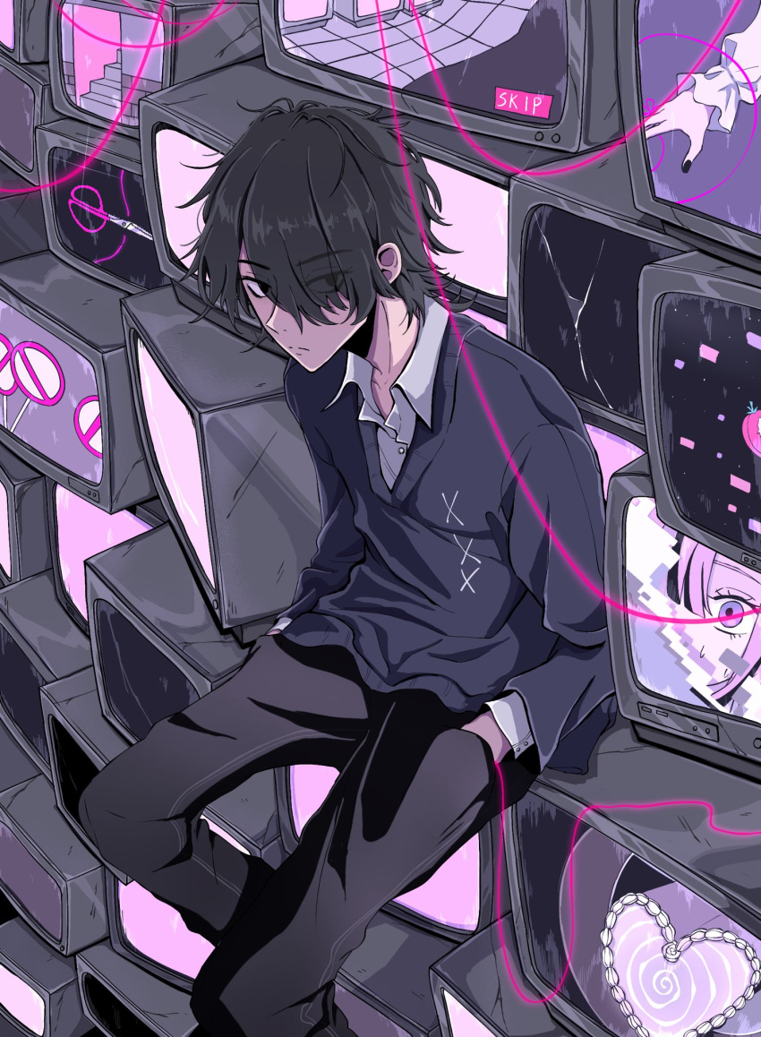 1boy, baka_janai_noni_(zutomayo), black_hair, black_pants, cardigan, collared_shirt, enen0229, eyes_visible_through_hair, gray-kun_(baka_janai_noni)_(zutomayo), gray-kun_(zutomayo), hair_over_one_eye, hands_in_pockets, highres, looking_at_viewer, pants, purple_cardigan, shirt, sitting, string, string_of_fate, television, white_shirt, zutto_mayonaka_de_ii_no_ni