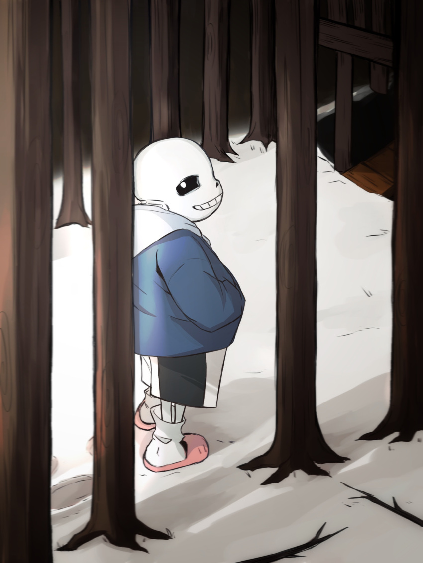 1boy, 2021, 2d, black_pants, blue_jacket, branch, digital_media, forest, full_body, hands_in_pockets, highres, humanoid, in-universe_location, jacket, looking_at_viewer, male, male_focus, male_only, monster, monster_boy, okmaway, outdoors, pants, pink_slippers, sans_(undertale), skeleton, slippers, snow, snowdin_(undertale), socks, solo, standing, teeth, tree, undead, undertale, utdr_(toby_fox), white_socks