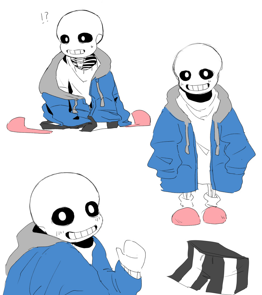 !, !?, 1boy, 2021, 2d, ?, age_regression, aged_down, black_pants, blue_jacket, bottomless, child, cute, digital_media, hand_up, highres, humanoid, jacket, looking_at_viewer, loose_clothes, male, male_child, male_focus, male_only, monster, monster_boy, multiple_views, no_nose, okmaway, oversized_clothes, pants, sans_(undertale), simple_background, skeleton, solo, teeth, undead, undertale, utdr_(toby_fox), white_background