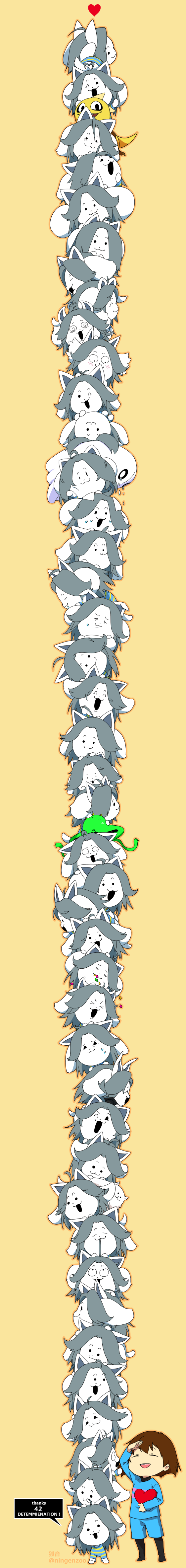 2016, 2d, ambiguous_gender, animal, annoying_dog, anthro, artist_name, blue_shirt, brown_hair, child, closed_mouth, creature, digital_media, dog, english_text, frisk_(undertale), ghost, green_skin, grey_hair, hand_on_own_forehead, heart, human, jerry_(undertale), ko-on_(ningen_zoo), lizard, lizard_tail, monster, monster_kid_(undertale), napstablook, open_mouth, reptile, reptile_tail, scalie, shirt, short_hair, simple_background, stacking, striped_clothes, striped_shirt, tall_image, temmie, text, too_many, undertale, white_dog, white_fur, yellow_background