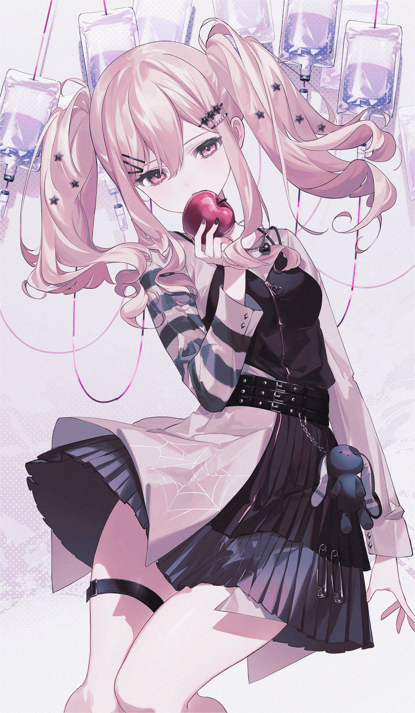 1girl, absurdres, apple, belt, black_belt, black_leotard, black_nails, black_skirt, blonde_hair, breasts, buttons, chain, clothes_pin, commentary_request, curly_hair, food, fruit, grey_background, guma_(teddybear_oxo), hair_between_eyes, hair_ornament, hairclip, heart, heart_necklace, highres, holding, holding_food, holding_fruit, intravenous_drip, jewelry, leotard, long_hair, long_sleeves, looking_at_viewer, miniskirt, nail_polish, necklace, no_seek_no_find_(project_sekai), official_alternate_costume, parted_lips, pink_eyes, pleated_skirt, polka_dot, polka_dot_background, project_sekai, purple_theme, shirt, sidelocks, skirt, small_breasts, solo, star_(symbol), star_hair_ornament, striped_sleeves, stuffed_animal, stuffed_rabbit, stuffed_toy, tenma_saki, thigh_strap, thighs, twintails, white_shirt