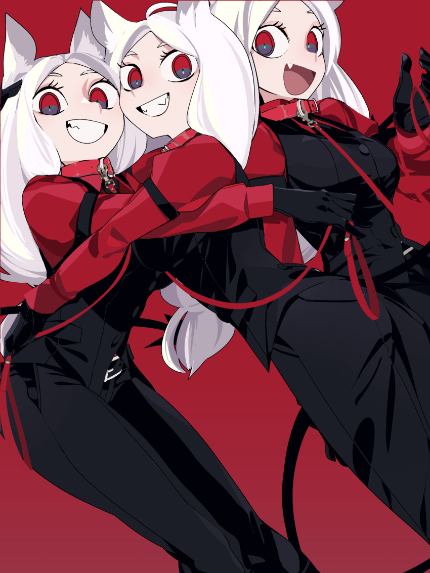 3girls, animal_collar, animal_ears, belt, black_belt, black_gloves, black_pants, black_vest