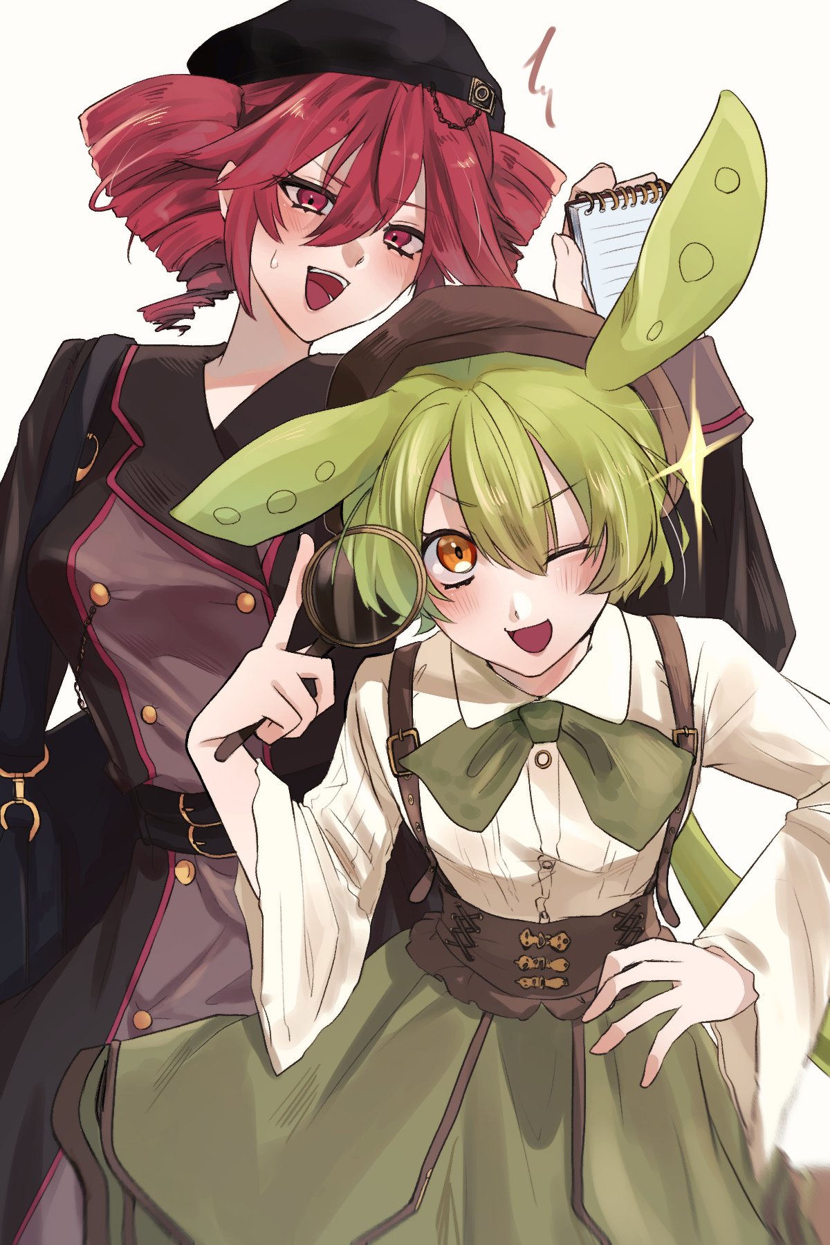 2girls, alternate_costume, animal_ears, bag, belt, beret, black_belt, black_coat