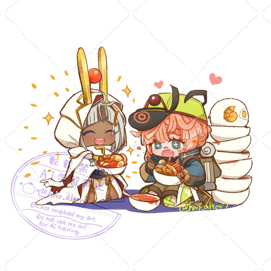 1boy, 1girl, ancient_egyptian, ancient_egyptian_clothes, apollo_(fate), backpack, bag, bandaid, bandaid_on_face, bandaid_on_knee, bandaid_on_leg, bandaid_on_nose, blue_eyes, blue_jacket, bowl, brown_gloves, brown_shorts, chibi, cloak, closed_eyes, dark-skinned_male, dark_skin, eating, fang, fate/grand_order, fate_(series), food, gloves, grey_hair, hmr_alter7, holding, holding_bowl, holding_food, hood, hooded_cloak, jacket, orange_hair, pharaoh, shorts, smile, star_(symbol), symbol-shaped_pupils, tutankhamun_(fate), van_gogh_(fate), van_gogh_(miner)_(fate), white_cloak