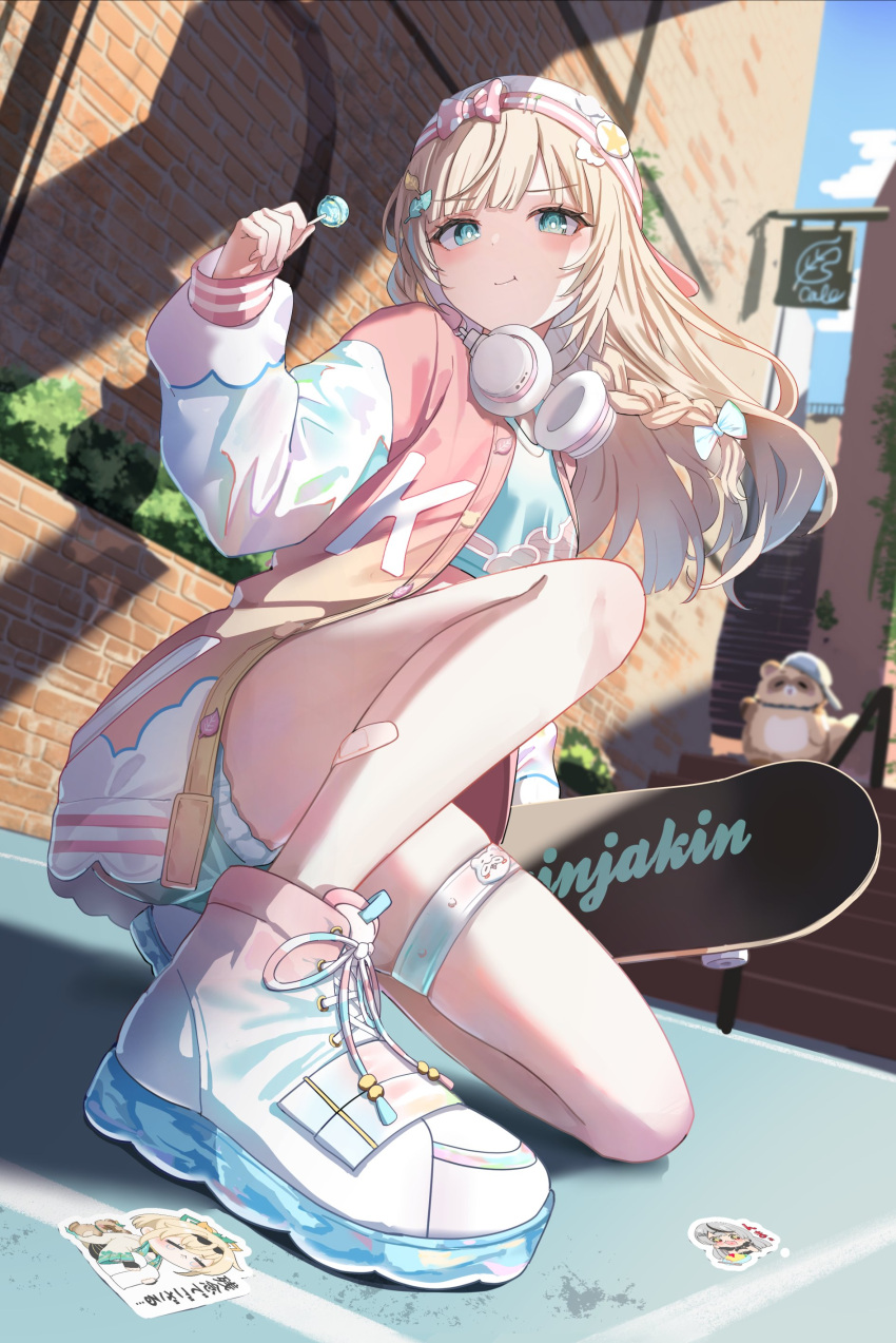 1girl, absurdres, aqua_eyes, bandaid, bandaid_on_leg, blonde_hair, bow, braid