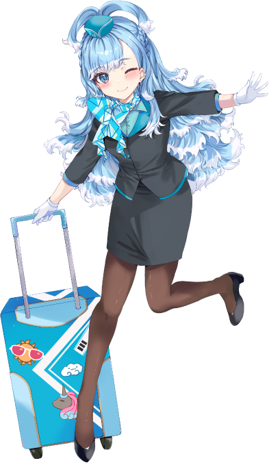black_jacket, blue_eyes, blue_hair, blue_scarf, brown_pantyhose, flight_attendant, flight_attendant_hat, high_heels