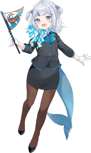 black_jacket, blue_eyes, blue_scarf, brown_pantyhose, flight_attendant, gawr_gura, high_heels, hinakisara