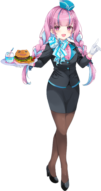 black_jacket, blue_scarf, brown_pantyhose, burger, flight_attendant, flight_attendant_hat, food, high_heels