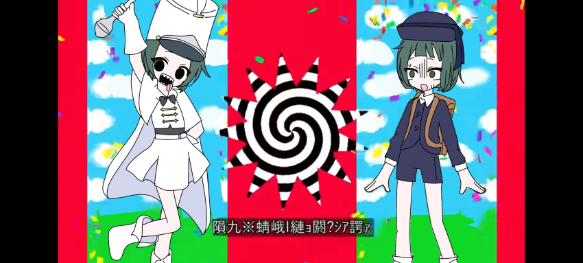 backpack, bag, boots, cape, gloves, green_hair, hat, hat_ribbon, highres, marching_band_baton, mesmerizer_(vocaloid), milgram, momose_amane, multiple_persona, official_alternate_costume, parody, pleated_skirt, ribbon, school_uniform, short_hair, shukusei_maachi, skirt, tongue, tongue_out, user_drnx3738, white_cape, white_footwear, white_gloves