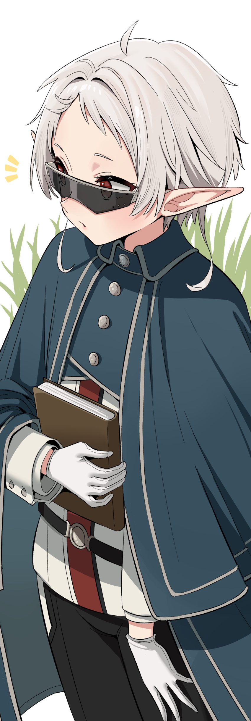 1girl, absurdres, ahoge, black_pants, book, chen_yang_yang, elf, english_commentary