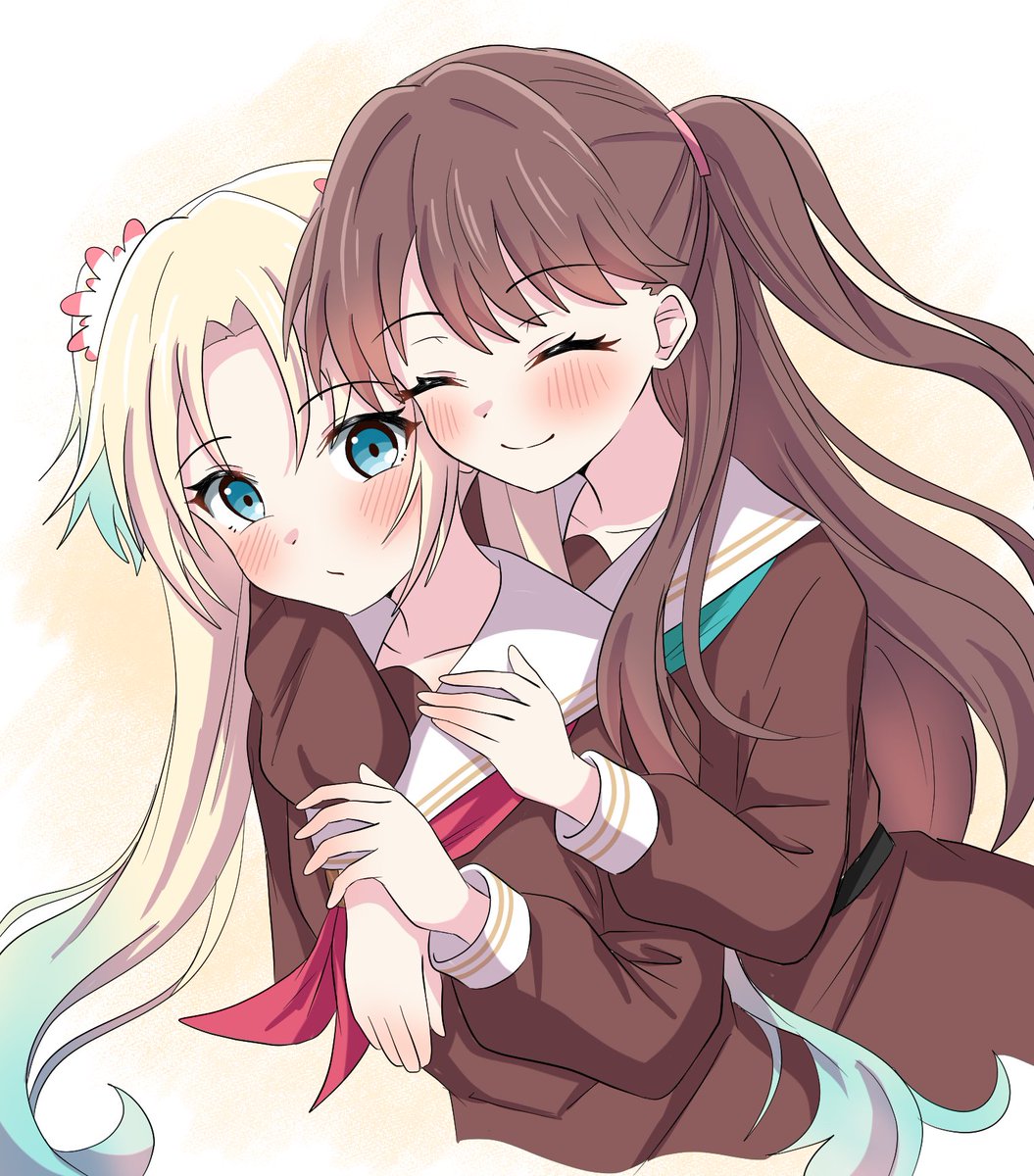 2girls, :/, ^_^, aqua_neckerchief, arm_around_neck, blonde_hair, blue_eyes, blue_hair