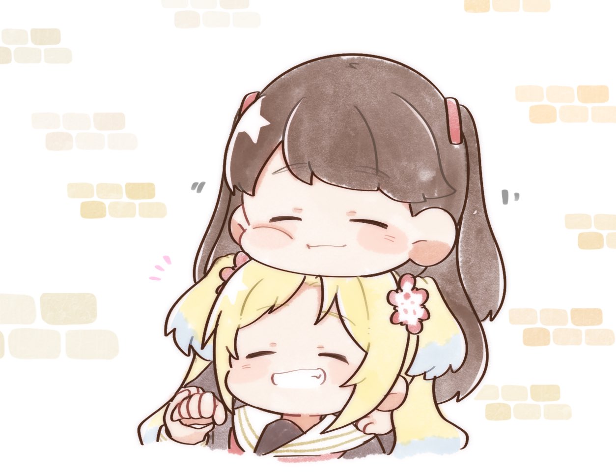 2girls, :3, blonde_hair, blue_hair, brown_dress, brown_hair, cheek_press, closed_mouth