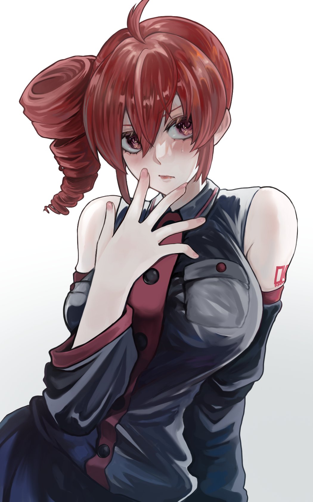 1girl, ahoge, arm_tattoo, bare_shoulders, black_shirt, black_skirt, black_sleeves, blush