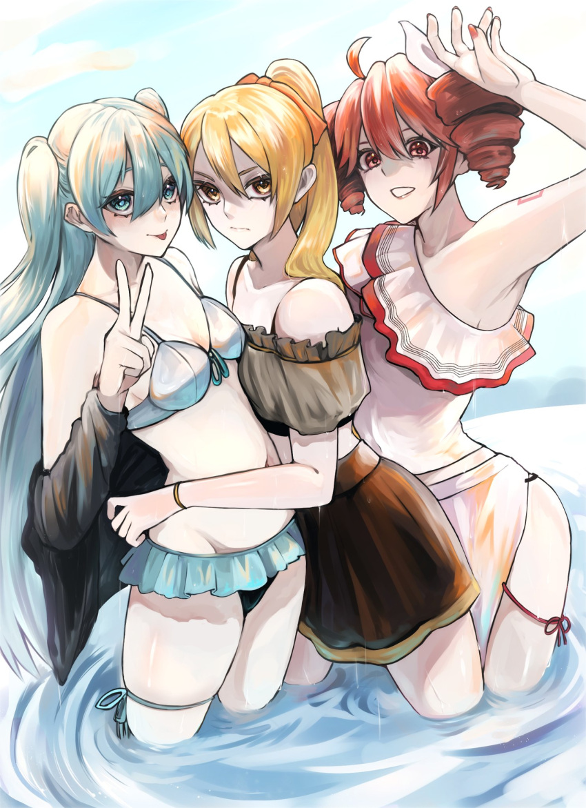 3girls, ahoge, akita_neru, annoyed, arm_tattoo, arm_up, bikini, bikini_skirt, black_jacket, black_skirt, blonde_hair, blue_bikini, blue_eyes, blue_hair, blue_sky, breasts, clouds, cowboy_shot, double-parted_bangs, drill_hair, fingernails, frilled_bikini, frills, grey_bikini, grin, hair_between_eyes, hatsune_miku, highres, jacket, jacket_partially_removed, kasane_teto, kasane_teto_(sv), lips, long_hair, microskirt, miniskirt, multiple_girls, nail_polish, number_tattoo, ocean, open_clothes, open_jacket, outdoors, parted_bangs, ponytail, red_eyes, red_nails, red_tattoo, redhead, sarong, skirt, sky, small_breasts, smile, standing, swimsuit, synthesizer_v, tattoo, thigh_strap, thighs, tongue, tongue_out, triple_baka_(vocaloid), twin_drills, twintails, utau, v, vocaloid, wading, water, white_bikini, white_sarong, wristband, yasiro_hayate, yellow_eyes