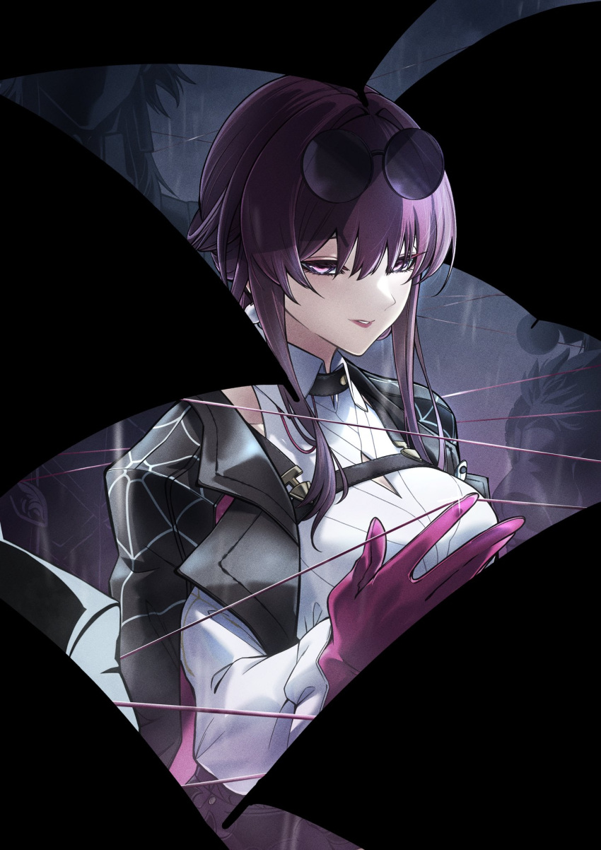 1girl, eyewear_on_head, highres, honkai:_star_rail, honkai_(series), kafka_(honkai:_star_rail), pince-nez, red_eyes