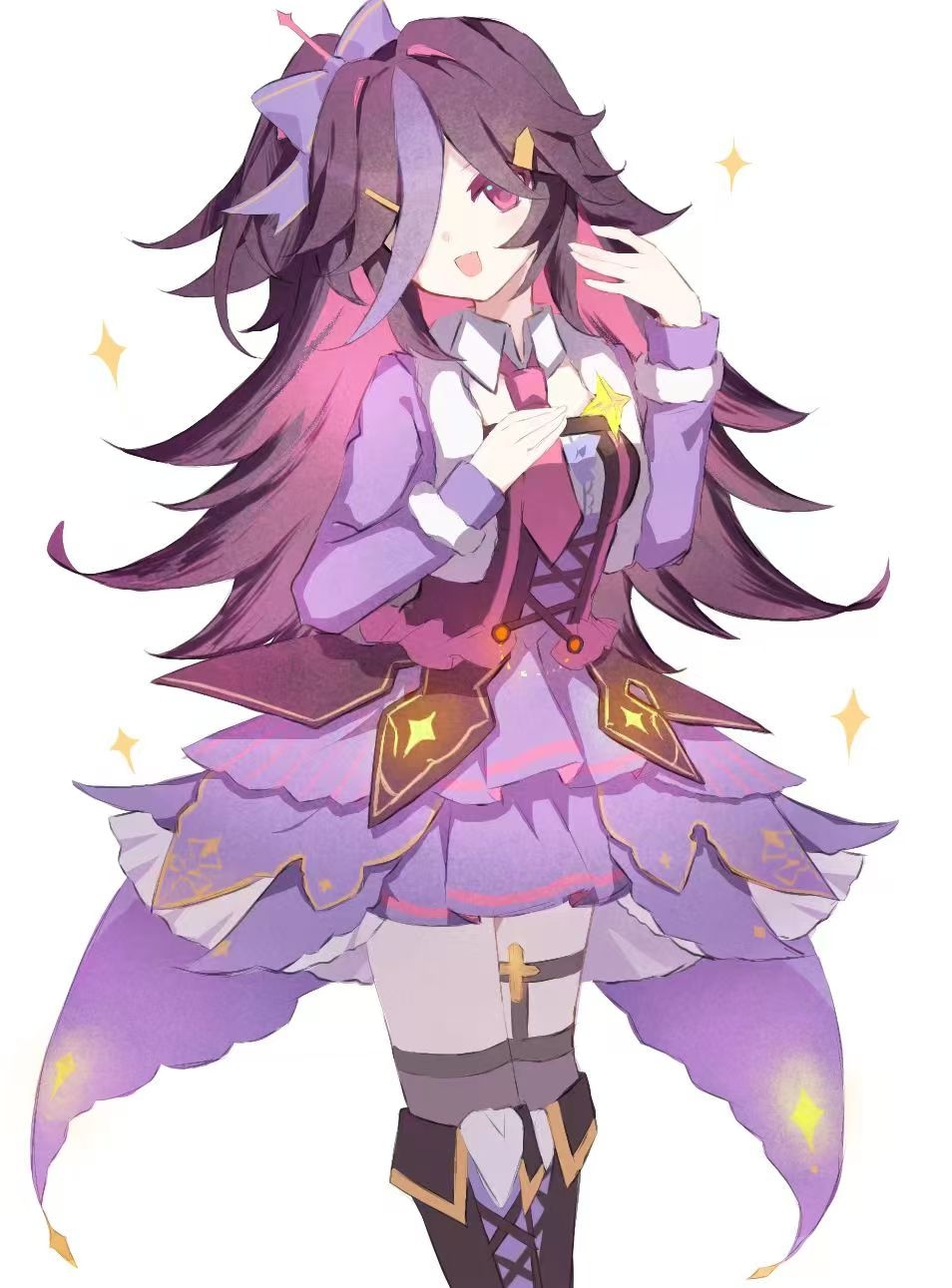 1girl, benghuai_xueyuan, black_thighhighs, boots, bow, collar, commentary, cridyas, dress, english_commentary, garter_straps, hair_bow, hair_over_one_eye, head_tilt, highres, holding, honkai_(series), houraiji_kyuushou, idol, long_hair, long_sleeves, necktie, open_mouth, pink_necktie, purple_bow, purple_dress, purple_hair, smile, sparkle, thigh-highs, thigh_boots, violet_eyes, white_collar