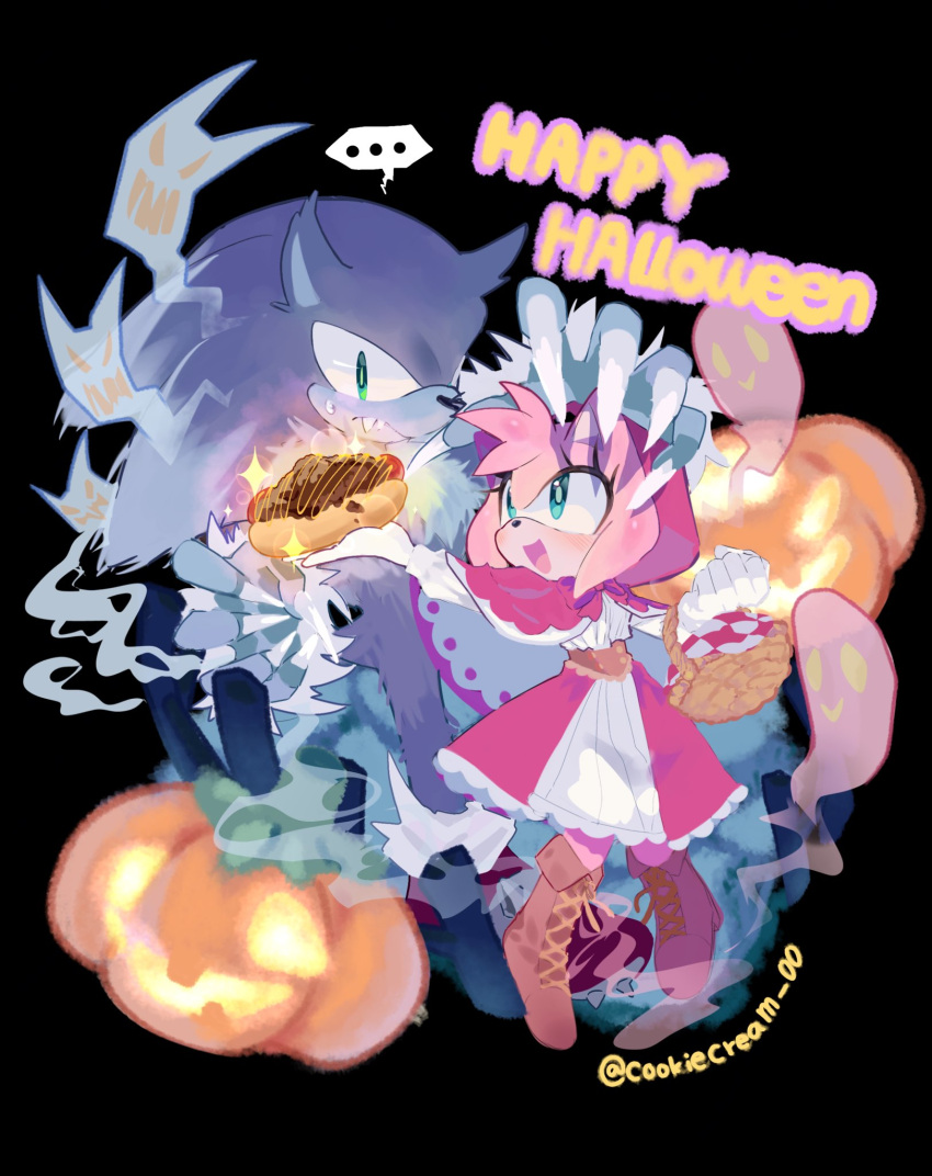 ..., 1boy, 1girl, :d, amy_rose, animal_ears, animal_nose, black_background