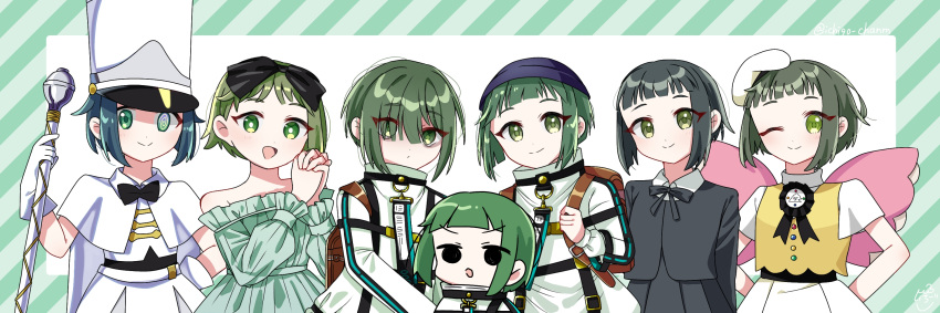 @_@, backpack, bag, bags_under_eyes, belt, bow, cape, chest_belt, gloves, green_eyes, hair_bow, hat, highres, long_bangs, marching_band_baton, milgram, momose_amane, multiple_persona, off_shoulder, official_alternate_costume, one_eye_closed, pajamas, prison_clothes, randoseru, school_uniform, short_bangs, short_hair, shukusei_maachi, user_gkzz3873, white_cape, white_gloves, wings