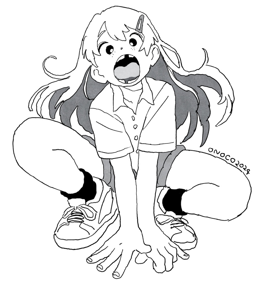 1girl, artist_name, child, foreshortening, frog_stance, greyscale, hair_ornament, hairclip, highres, long_hair, missing_tooth, monochrome, onoconokoko0625, open_mouth, original, sketch, tooth_gap, wavy_hair