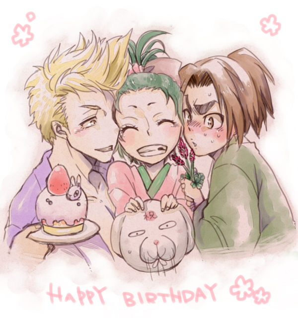 1girl, 2boys, blonde_hair, blush, chipped_tooth, cupcake, flower, food