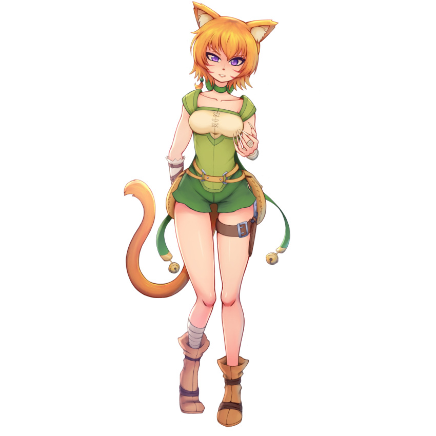 1girl, animal_ears, bell, belt, breasts, brown_belt, brown_footwear, cat_ears, cat_girl, cat_tail, choker, claws, facial_mark, fire_emblem, fire_emblem:_path_of_radiance, fire_emblem:_radiant_dawn, fire_emblem_heroes, green_choker, green_shorts, highres, laguz_(fire_emblem), leg_wrap, lethe_(fire_emblem), looking_at_viewer, medium_breasts, orange_hair, orange_tail, phiphi-au-thon, shorts, solo, standing, tail, thigh_belt, thigh_strap, thighs, violet_eyes, whisker_markings, wrist_wrap