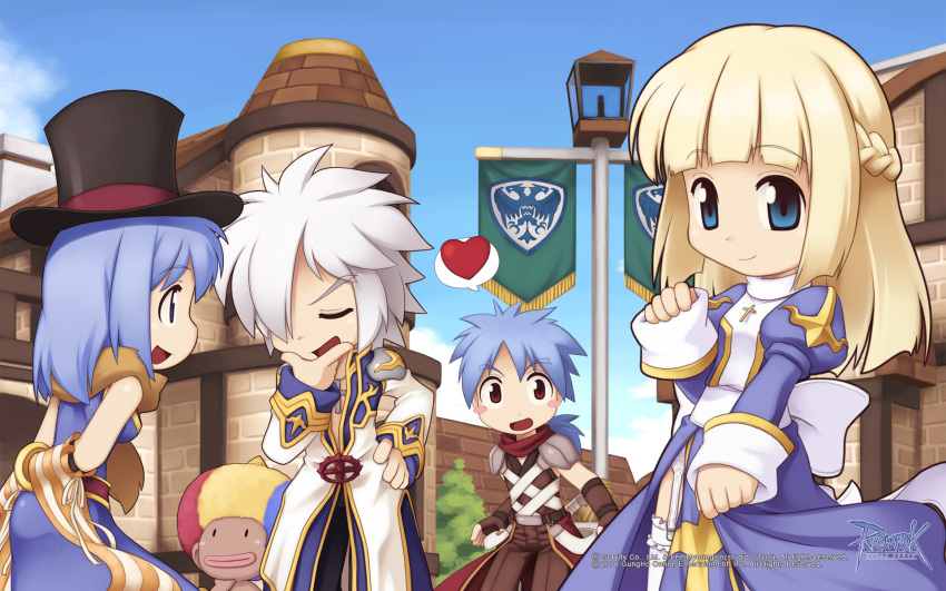 2boys, 2girls, armor, assassin_(ragnarok_online), back_bow, bandages_over_clothes, banner, black_hat
