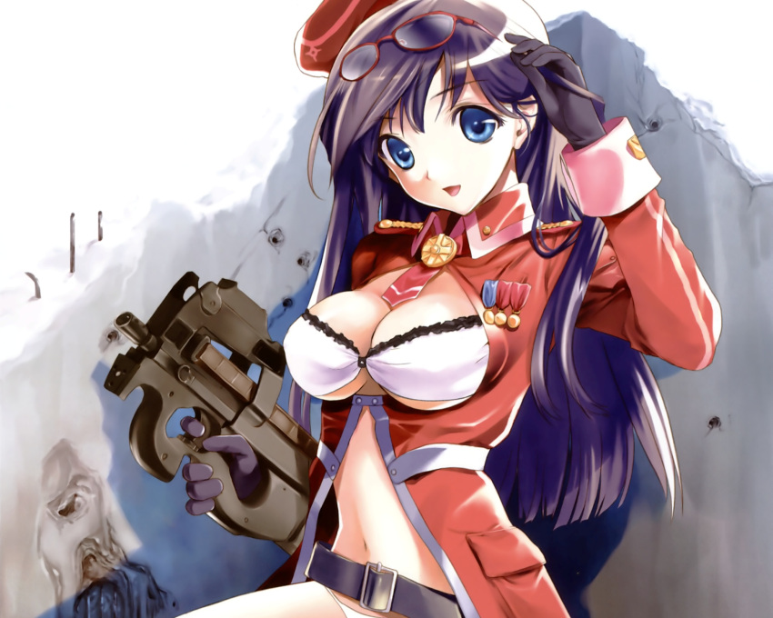 artist_request, belt, beret, blue_eyes, bra, breasts, bullpup, character_request