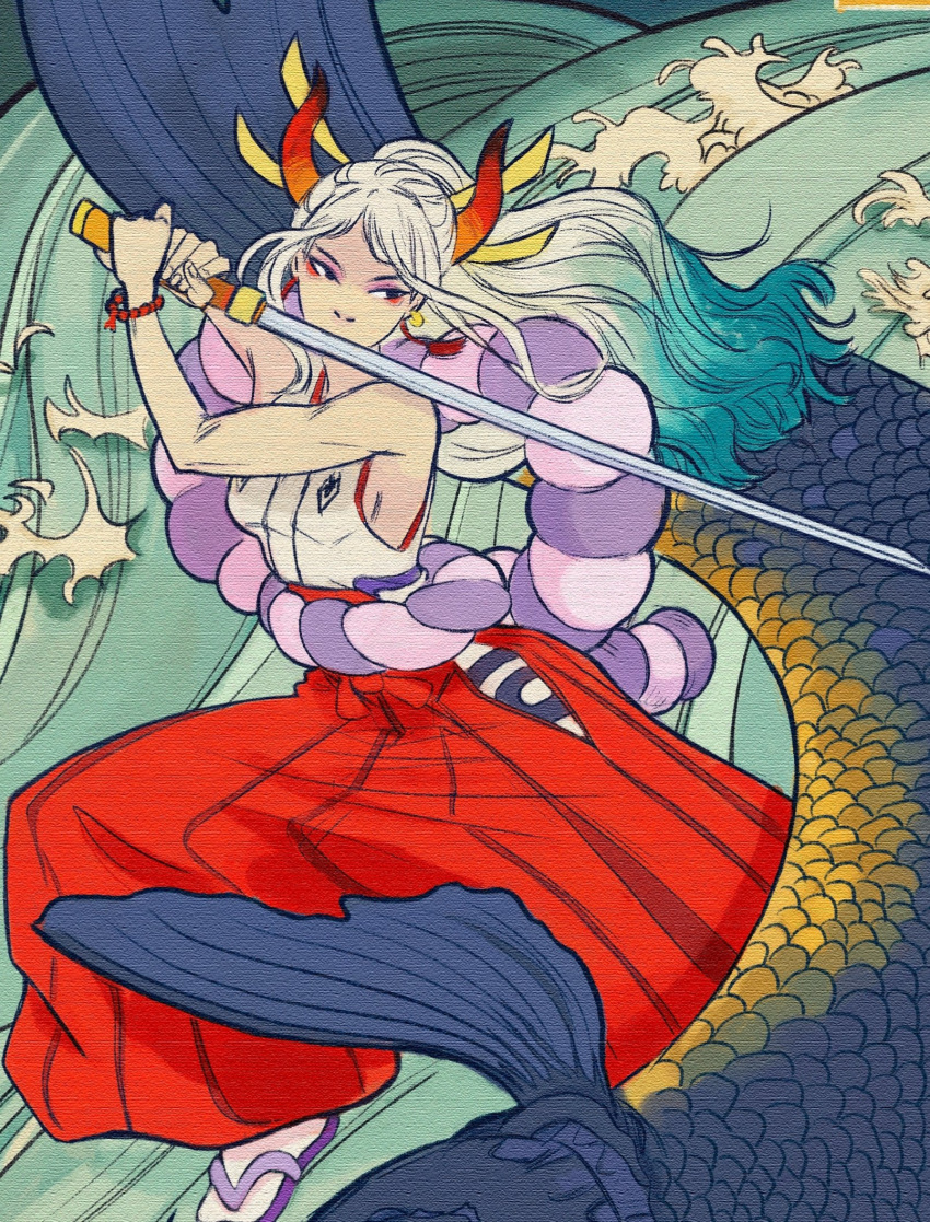 1girl, artist_name, blue_hair, bracelet, commentary, earrings, erza_briefs, eyeshadow, fish, hair_ornament, hakama, highres, horns, japanese_clothes, jewelry, kimono, looking_to_the_side, makeup, one_piece, ponytail, purple_eyeshadow, red_hakama, red_horns, rope, sandals, shimenawa, sleeveless, sleeveless_kimono, solo, waves, white_hair, white_kimono, yamato_(one_piece)