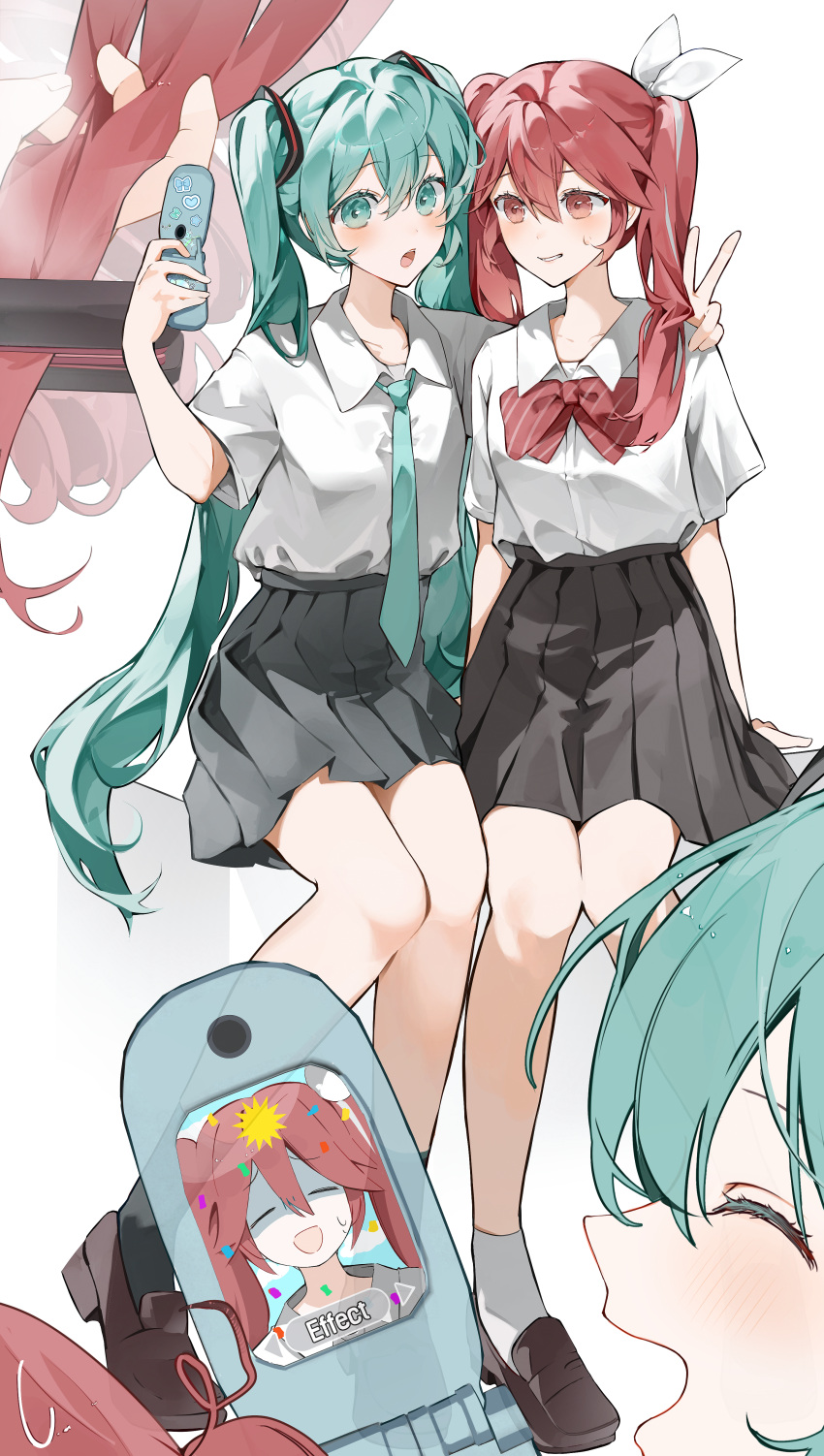 2girls, absurdres, alternate_hairstyle, aqua_eyes, aqua_hair, aqua_necktie, black_skirt, black_socks