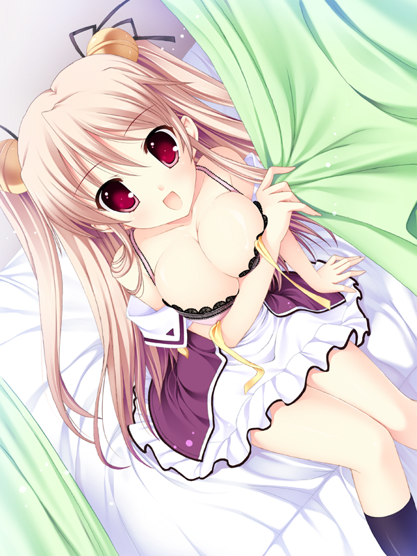 artist_request, baldr_sky, bed, bra, breasts, cleavage, copyright_request, curtain_grab