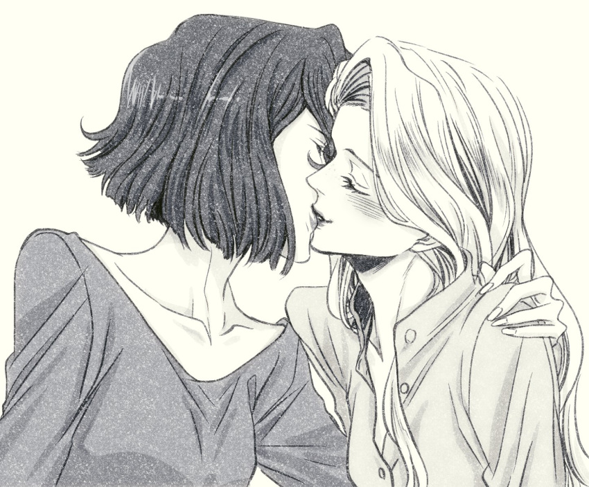 2girls, black_hair, blonde_hair, blush, breasts, cassandra_(tangled), casual, closed_eyes