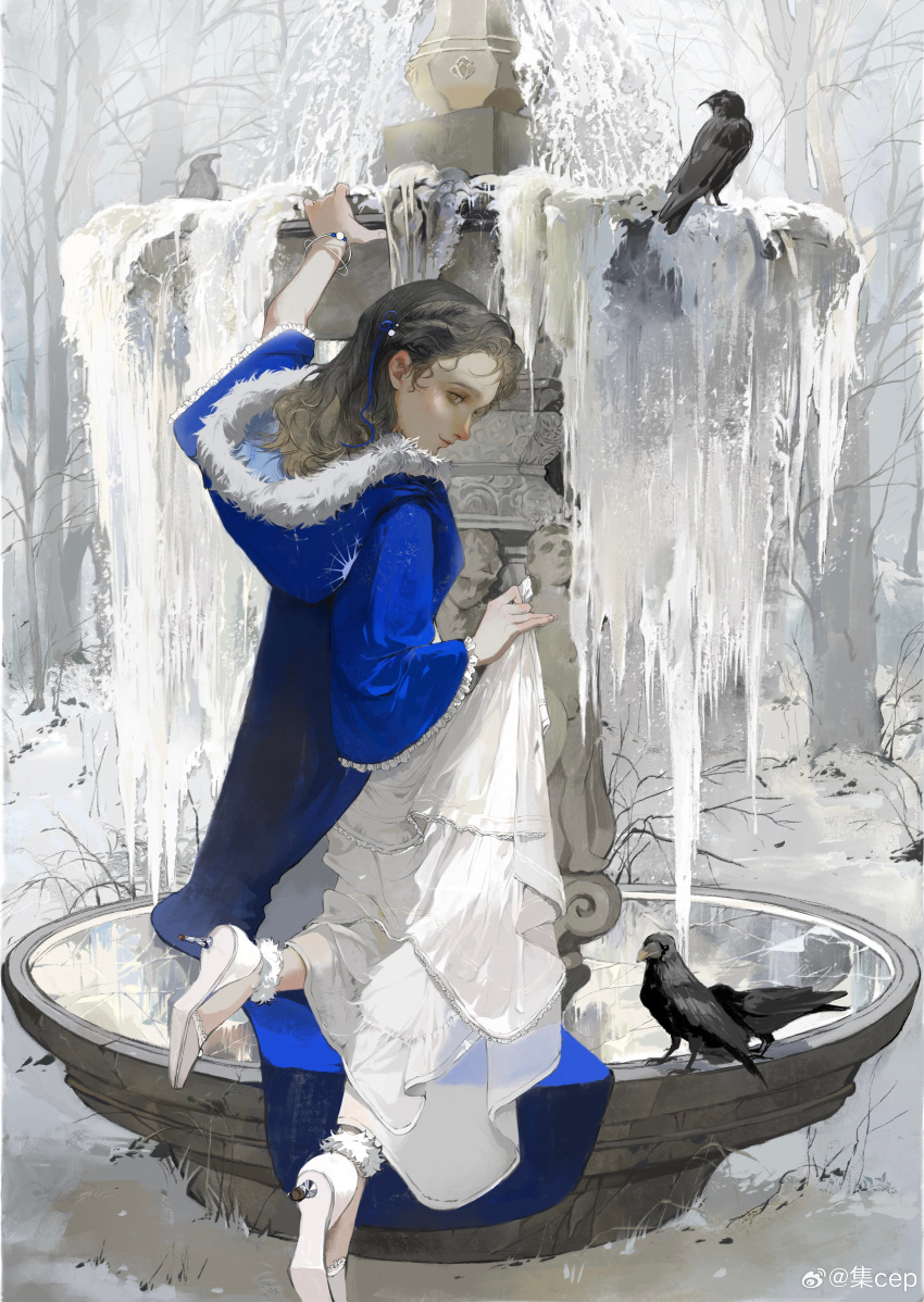 1girl, absurdres, bare_tree, bird, blue_cloak, blue_ribbon, bracelet, brown_eyes, brown_hair, chinese_commentary, cloak, closed_mouth, clouds, cloudy_sky, commentary_request, crow, day, dress, expressionless, eyelashes, fountain, frilled_cloak, frilled_sleeves, frills, from_behind, full_body, fur-trimmed_hood, fur_anklet, fur_trim, hair_ribbon, high_heels, highres, hood, hood_down, hooded_cloak, ice, jewelry, ji_cep, kneeling, long_dress, long_hair, long_sleeves, looking_at_viewer, looking_back, original, outdoors, realistic, ribbon, skirt_hold, sky, snow, solo, stiletto_heels, tree, weibo_watermark, white_dress, white_footwear, winter