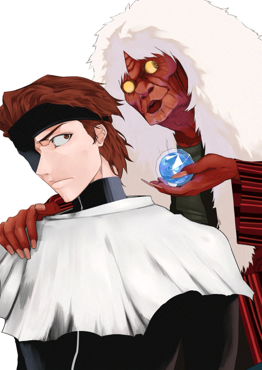 1boy, 1girl, aizen_sousuke, bleach, bleach:_sennen_kessen-hen, brown_eyes, brown_hair, closed_mouth