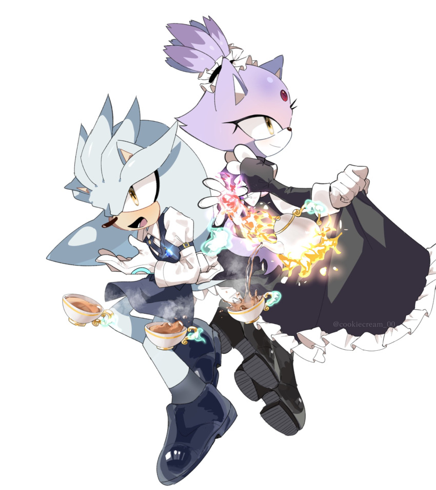 1boy, 1girl, animal_ears, apron, black_apron, black_dress, black_footwear, blaze_the_cat, blaze_the_cat_(maid), cat_ears, cat_girl, cat_tail, cookiecream_00, cup, dress, fire, forehead_jewel, full_body, furry, furry_female, furry_male, gloves, grey_fur, grey_hair, highres, looking_to_the_side, maid, official_alternate_costume, open_mouth, pants, purple_fur, shirt, silver_the_hedgehog, smile, sonic_(series), sonic_speed_simulator, tail, teacup, teapot, waiter, white_apron, white_gloves, white_pants, white_shirt, yellow_eyes