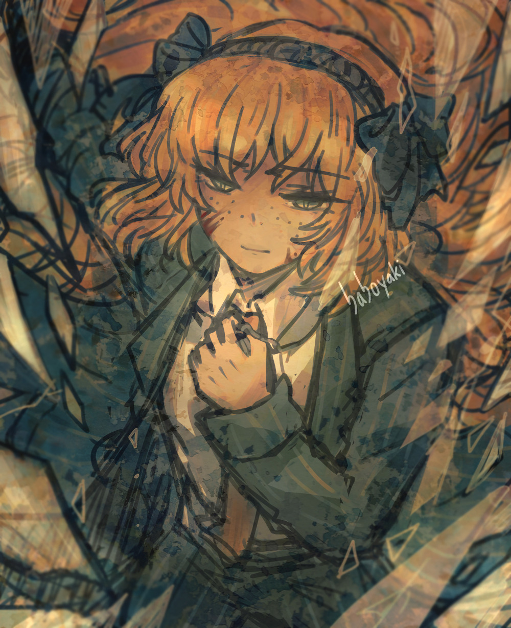 1girl, baboyaki, black_bow, blood, bow, bygone_days_(e.g.o), collared_shirt, e.g.o_(project_moon)