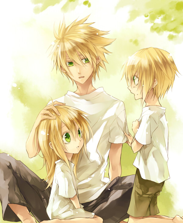 2boys, blazblue, blonde_hair, casual, child, green_eyes, jin_kisaragi, kisaragi_jin